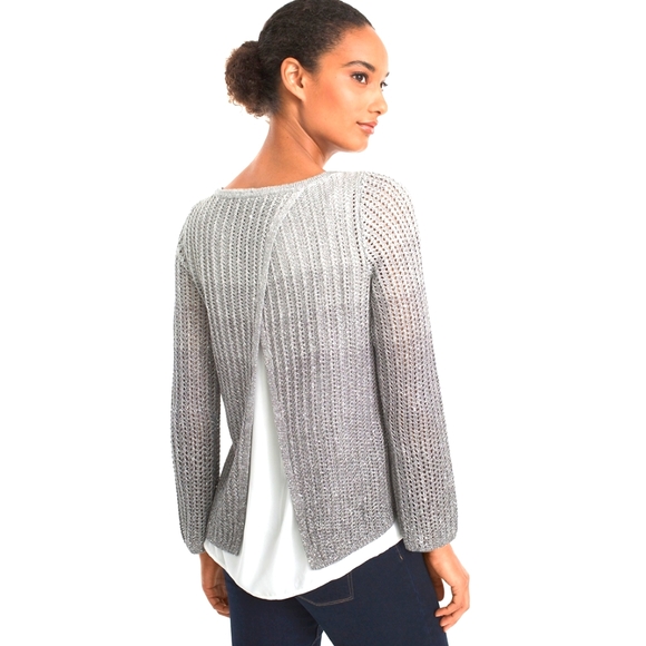 White House Black Market|Sequin Ombre Twofer Crew Neck Sweater Back Slit Shimmer - Picture 3 of 16